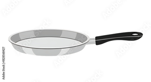 Shiny metal frying pan with a black handle on a white background, perfect for culinary creations.