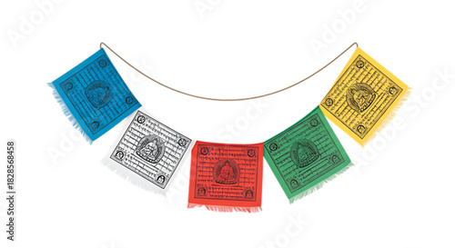 Colorful prayer flags strung on a cord, symbolizing peace and good fortune