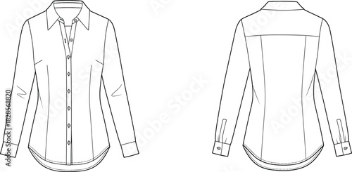 Women's technical fashion illustration of a classic button-up long-sleeve collared shirt, vector flat sketch for professional apparel design, front and back view