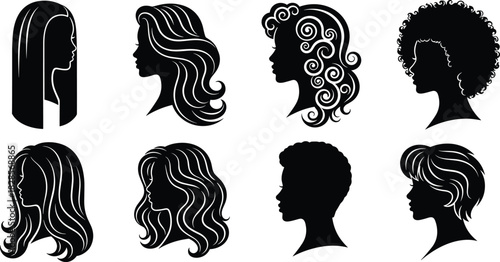 Set of Female Profile Silhouettes Vector Illustration, Diverse Women Hairstyles, Hair Salon Logo, African American, Curly, Straight, Wavy Hair Graphic Icon Collection.
