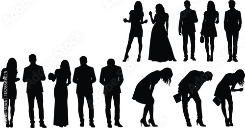Set of Formal Attire People Silhouettes Vector Illustration, Elegant Adults, Businessmen and Women, Party Guests, Various Poses, Standing, Bending, Monochrome Graphic.