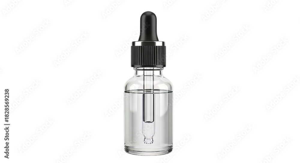 Naklejka premium Clear serum in a glass bottle with a black dropper for beauty and wellness product promotion and pharmaceutical advertising on transparent background