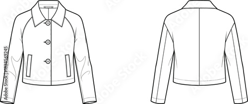Women's technical fashion illustration of a cropped, single-breasted jacket with raglan sleeves and a classic collar, vector flat sketch for apparel design, front and back view