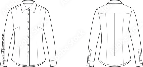 Women's technical fashion drawing of a classic tailored long-sleeve button-front shirt with a pointed collar, vector flat sketch for apparel design, front and back view