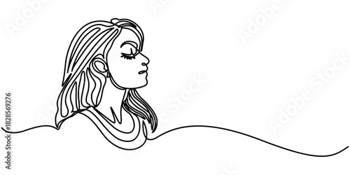 Woman face continuous one line drawing, minimalist style isolated outline illustration. 