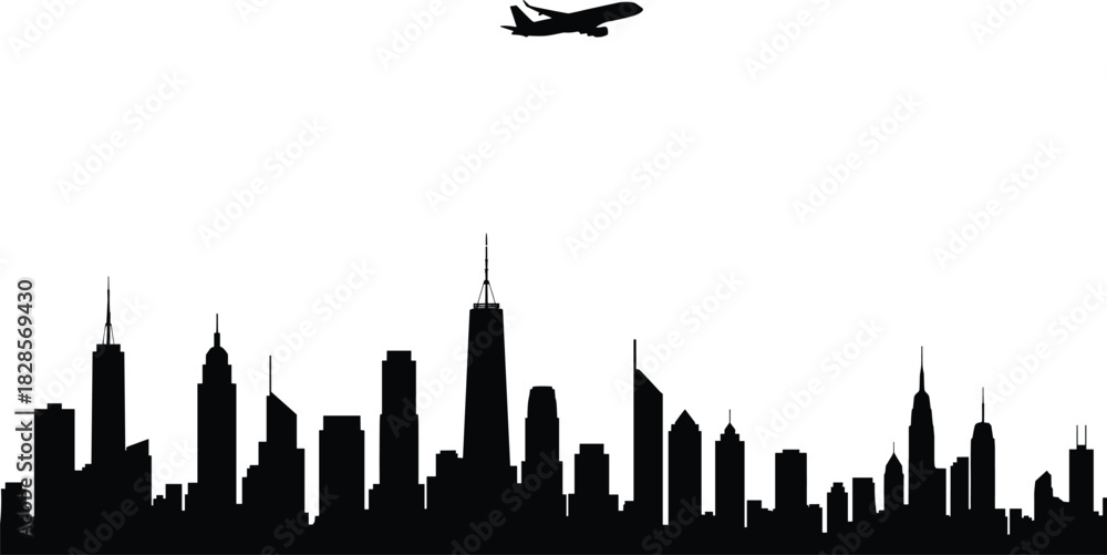 Naklejka premium Black city skyline silhouette with airplane flying above, modern urban buildings vector, travel concept, architecture landscape, isolated city illustration