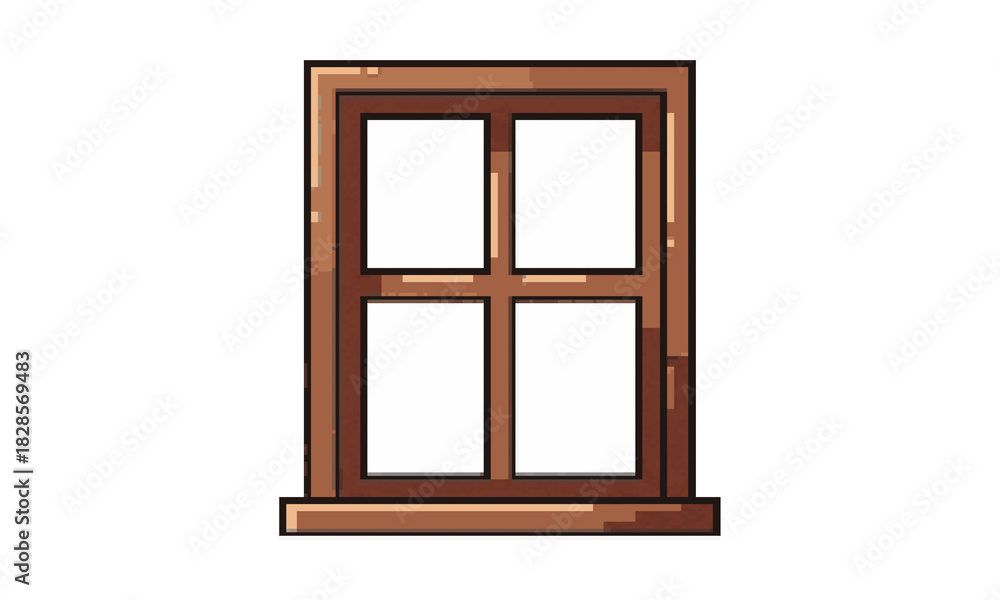 Obraz premium A quaint and classic brown wooden window with four panes, depicted in a simple, flat illustration style suitable for a variety of design projects