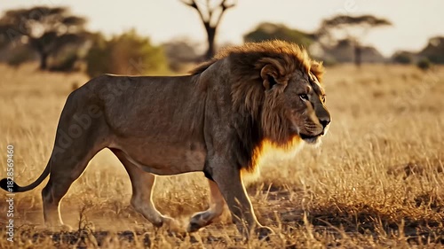 Wallpaper Mural Powerful and Majestic Male Lion Striding Through Golden Savanna Grasslands at Sunset in the African Wilderness for Stunning Wildlife Safari Footage Torontodigital.ca