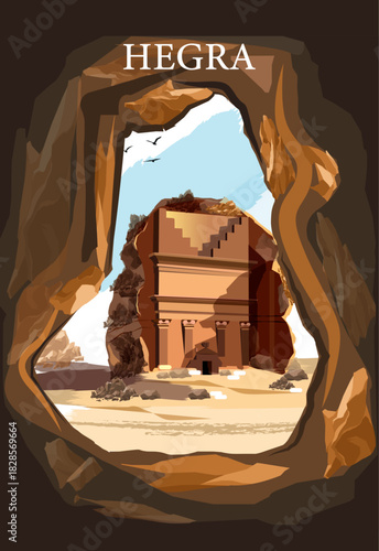 Hegra, an Ancient City in Saudi Arabia Untouched for Millennia. Illustration.World Tourism Day