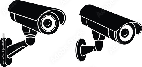 Black security camera icon, vector surveillance camera design, CCTV system illustration, wall mounted camera silhouette, digital safety concept, clipart