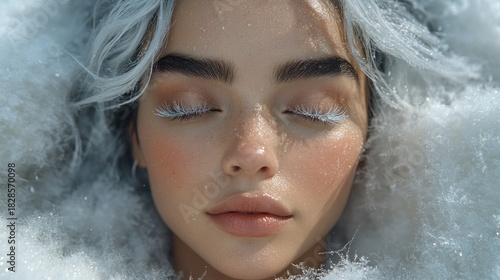 Close-up of a woman with winter makeup and snow-like hair