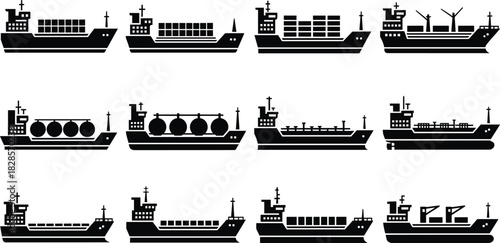 Black silhouette cargo container ships, tanker vessels, freighters, bulk carriers, maritime shipping icons set, marine transport, ocean freight vector illustration