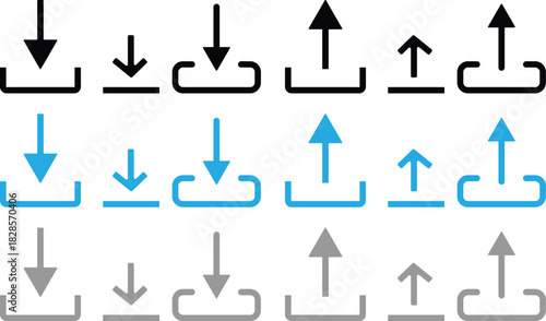 Set of upload and download icons. download and upload icon button. Files download and upload icons symbol in line and flat style on white background
