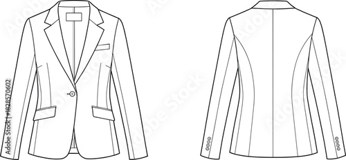 Women's technical fashion drawing of a classic tailored single-breasted blazer jacket with notch lapels, vector flat sketch for apparel design, front and back view
