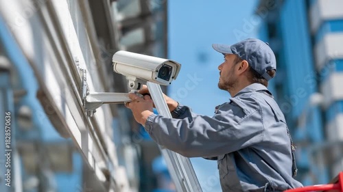 Installing Security Camera: A skilled technician, focused and dedicated, meticulously installs a surveillance camera, symbolizing modern security and safety in a dynamic urban setting.