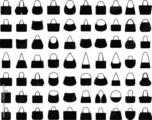 Black silhouette handbags collection, purse icons, women’s bag shapes, fashion accessories, tote bags, shoulder bags, vector design, isolated white background