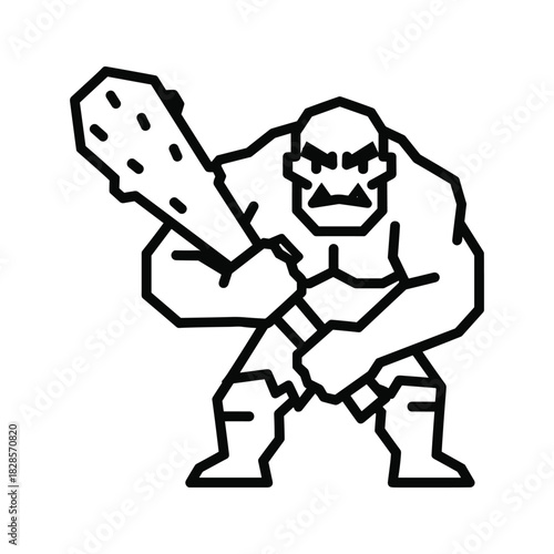 Line art illustration of a fierce ogre or troll holding a large club