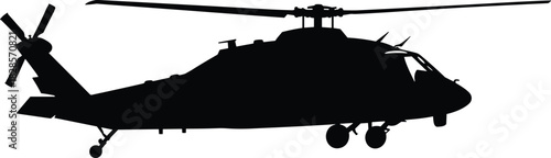 Black silhouette of military helicopter, side view isolated, twin rotor aircraft design, armed tactical chopper, transport helicopter vector, aviation element, combat flight vehicle