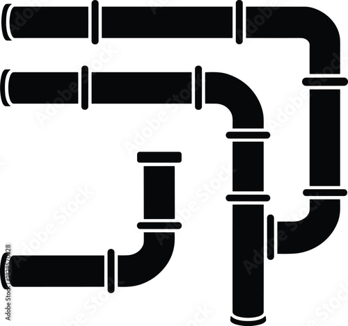 Black silhouette of connected industrial pipes with joints, plumbing system illustration, pipeline network, plumbing infrastructure, pipe fittings, water supply, and industrial piping design.
