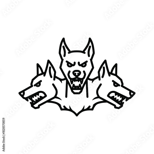 Threeheaded dog cerberus line art illustration isolated on