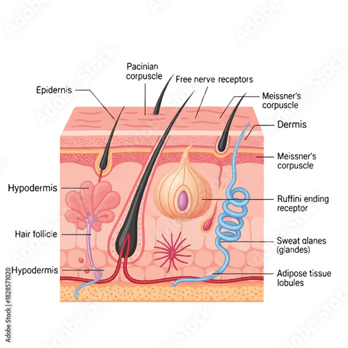 Flat 2D cross-section vector illustration of human skin anatomy, detailing the structure of layers, sensory receptors, nerves, hair follicle, and sweat glands against a clean white backdrop.