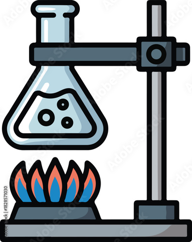 Vector graphic of a chemistry laboratory flask being heated by a burner on a retort stand for experiments