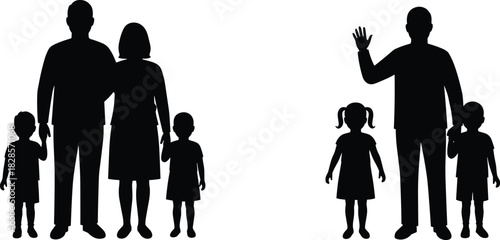  Black silhouette outlines of happy families standing together, featuring parents with children, perfect for illustrating family bonds, parental care, 
