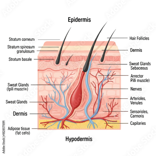 Detailed 2D flat vector illustration of human skin layers, presenting a simplified cutaway diagram with essential anatomical structures labeled against a clean white background.