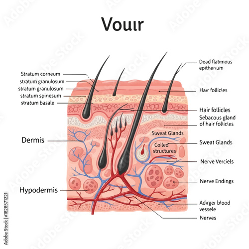 Detailed vector illustration showing a human skin cross-section with clearly labeled anatomical layers, including the epidermis, dermis, and hypodermis, set against a sterile white background.