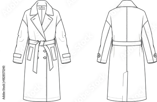 Women's technical fashion illustration of a stylish double-breasted trench coat with a belted waist and wide lapels, vector flat sketch for apparel design, front and back view