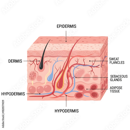 Detailed 2D flat illustration of human skin anatomy cross-section, clearly depicting the epidermis, dermis, and hypodermis layers against a clean white background.
