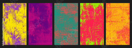 Pixel Urban Punk Textures with Distressed Grunge, Halftone Dot Pattern and Neon Graffiti Set Vector
