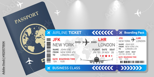 Realistic modern boarding pass design for Airline flight with detailed information. passport Blue airplane ticket design