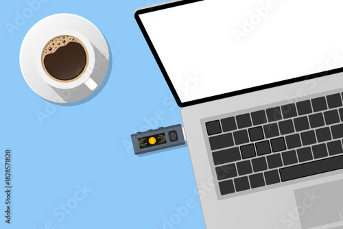 Secure bitcoin wallet concept stick in laptop with fingerprint vector