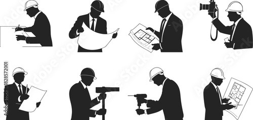 Set of architect and engineer silhouette icons vector illustration, construction professionals working with blueprints, tools, and site equipment design elements.