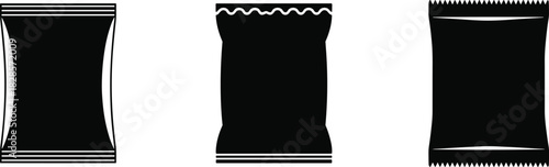 Set of blank snack packaging bag vector icons showing different plastic pouch designs for chips, candy, or food branding mockup illustration.