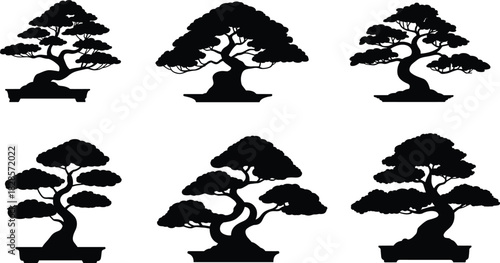 Set of bonsai tree silhouettes vector illustration with elegant shapes, traditional Japanese art plants for zen garden, logo, and design