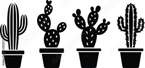 Set of cactus plants in pots silhouette vector illustration, desert succulent decoration design, home garden botanical minimal art collection