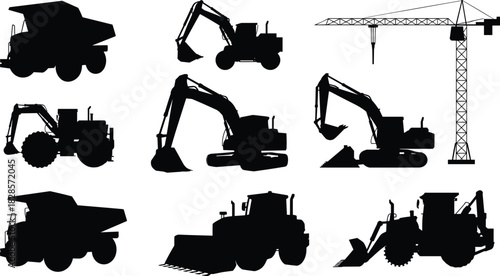 Set of construction machinery silhouette icons vector illustration, heavy equipment vehicles including excavator, bulldozer, crane, and dump truck design.