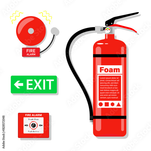 Red fire alarm bell icon set exit sign
