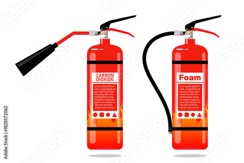 Set red fire extinguisher for suppressing fire in buildings vector