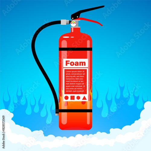Red fire extinguisher with foam for suppressing fire in buildings