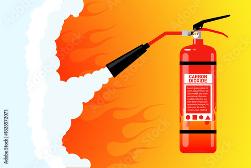 Red fire extinguisher for suppressing fire in buildings fire in the background vector