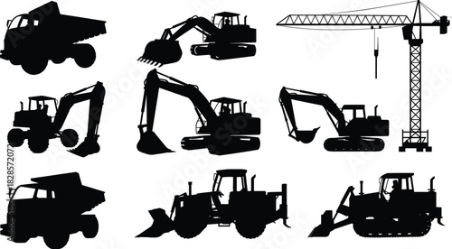 Set of construction machinery silhouette icons vector illustration, heavy equipment vehicles including excavator, bulldozer, dump truck, and crane design.