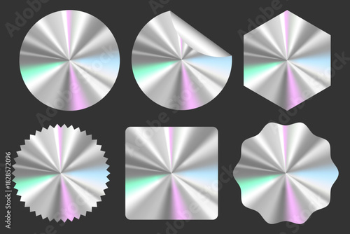 Set of realistic silver holographic stickers, quality emblems, labels, original product stamps, premium quality symbol of official product guarantee with different shapes. Vector illustration