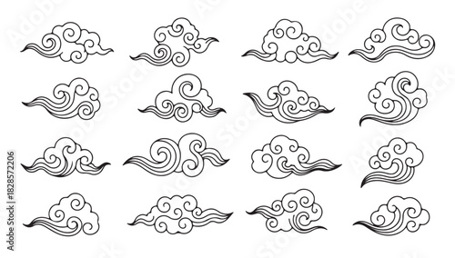 Elegant Vector Outline Cloud Motifs Inspired by Traditional East Asian Art, Versatile Design Elements for Various Creative Endeavors