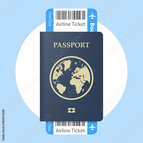 Plane ticket and passport for holiday vacation travelling elements. Vector Illustration.