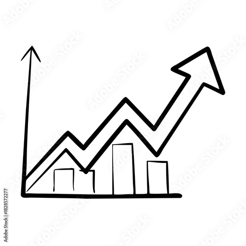 Growth arrow showing positive trend, financial chart with upward curve. Growth arrow hints at successful business and bar graph with line. Present growth arrow conceptually.