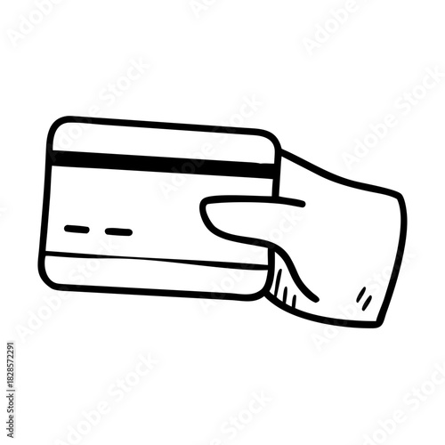 Hand holding credit card in simple line drawing. Credit card allows for cashless payments and financial transactions. Use of credit card in childlike line work suitable for educational apps.