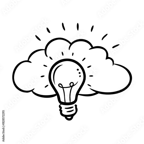 Idea cloud featuring lightbulb representing creative thinking and innovation. Idea cloud conveys conceptualization and problem solving, surrounded by glowing energy, suggesting inspiration.